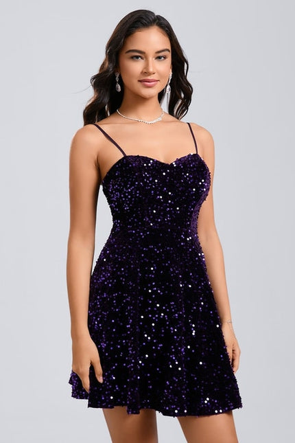 Robe De Bal Courte Pailletée Violet - gallery 3