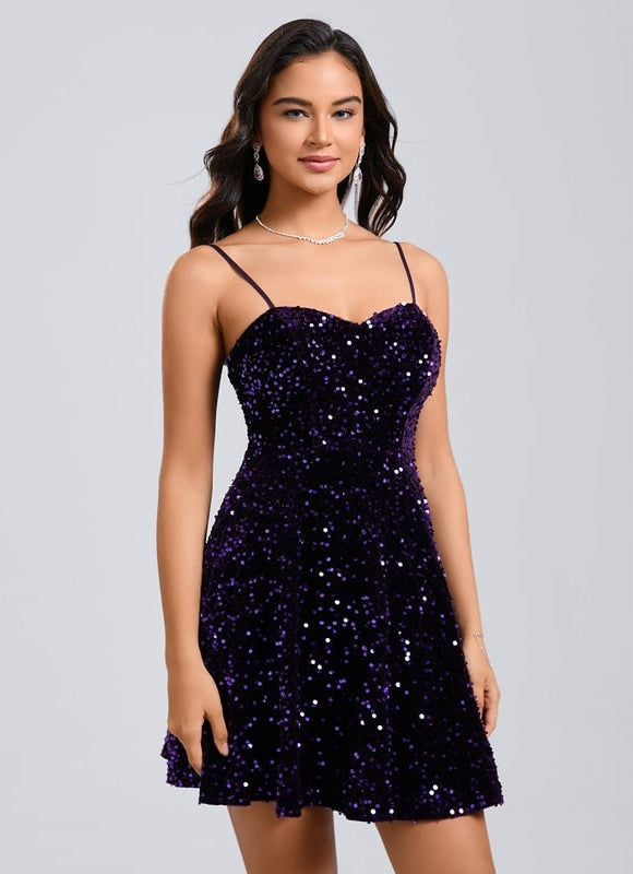 Robe De Bal Courte Pailletée Violet - gallery 3