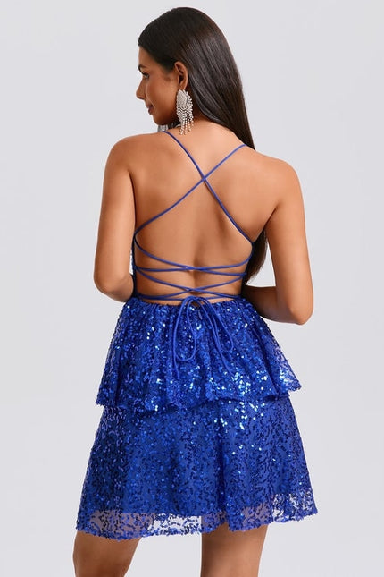 Robe De Bal Courte Bleue Scintillante - gallery 5