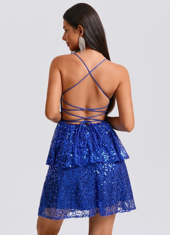 Robe De Bal Courte Bleue Scintillante - gallery 5