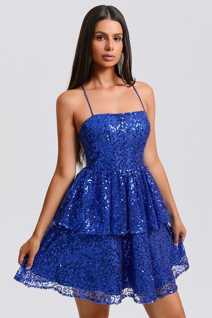 Robe De Bal Courte Bleue Scintillante - gallery 3