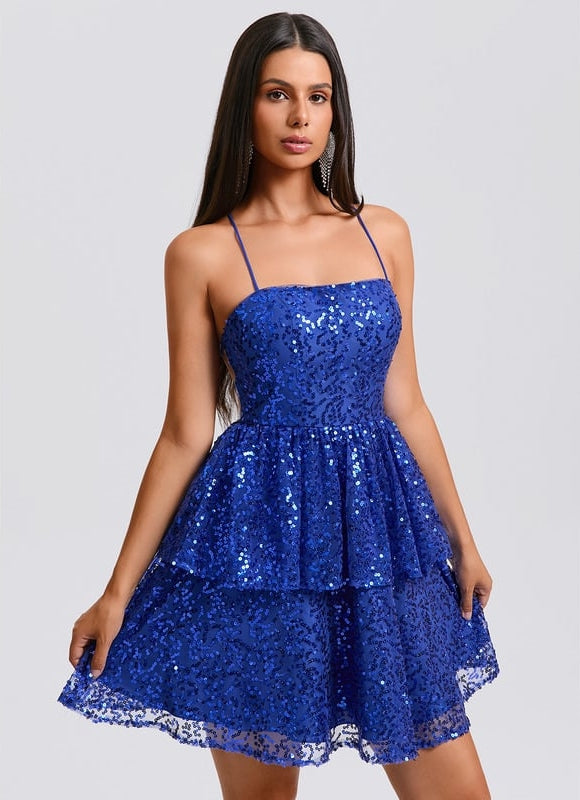 Robe De Bal Courte Bleue Scintillante - gallery 3
