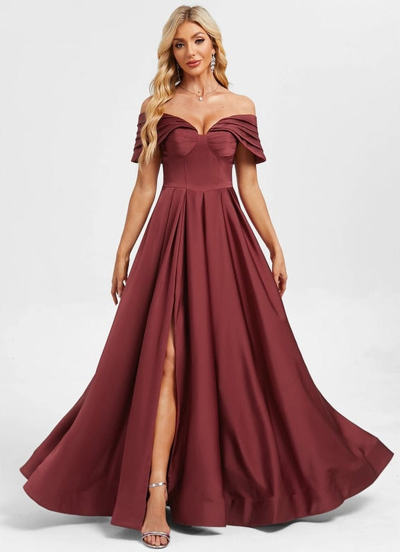 Robe De Bal Longue Bordeaux Satinée
