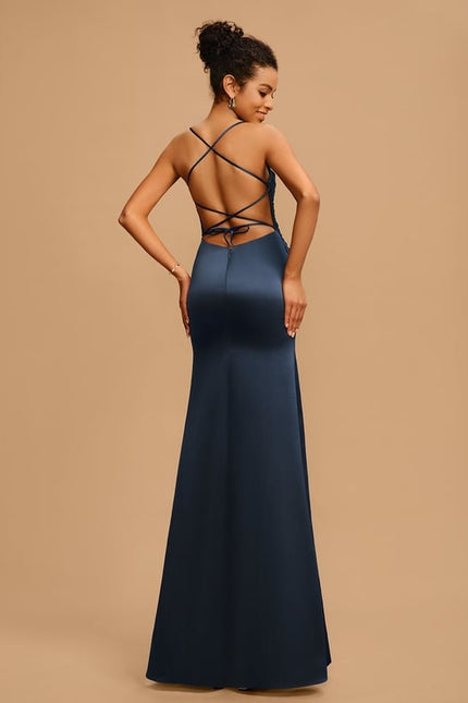 Robe De Bal Satin Bleu Marine - gallery 1