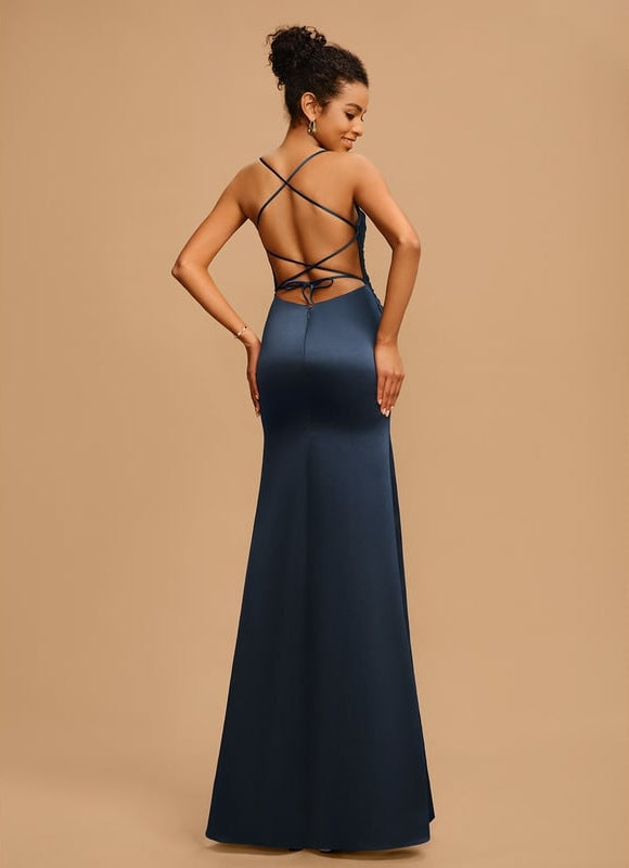 Robe De Bal Satin Bleu Marine - gallery 1