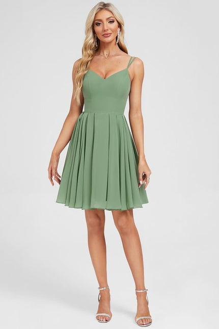 Robe De Bal Courte En Mousseline Vert Olive - gallery 3