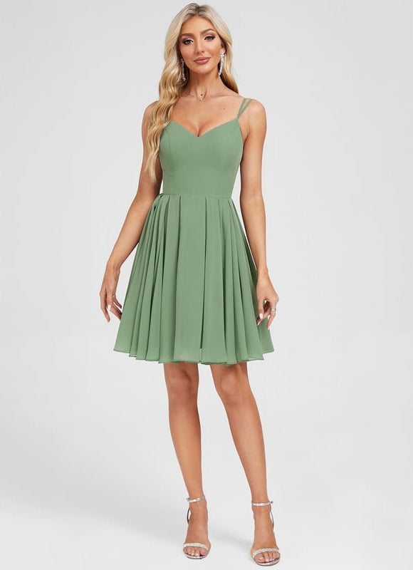 Robe De Bal Courte En Mousseline Vert Olive - gallery 3