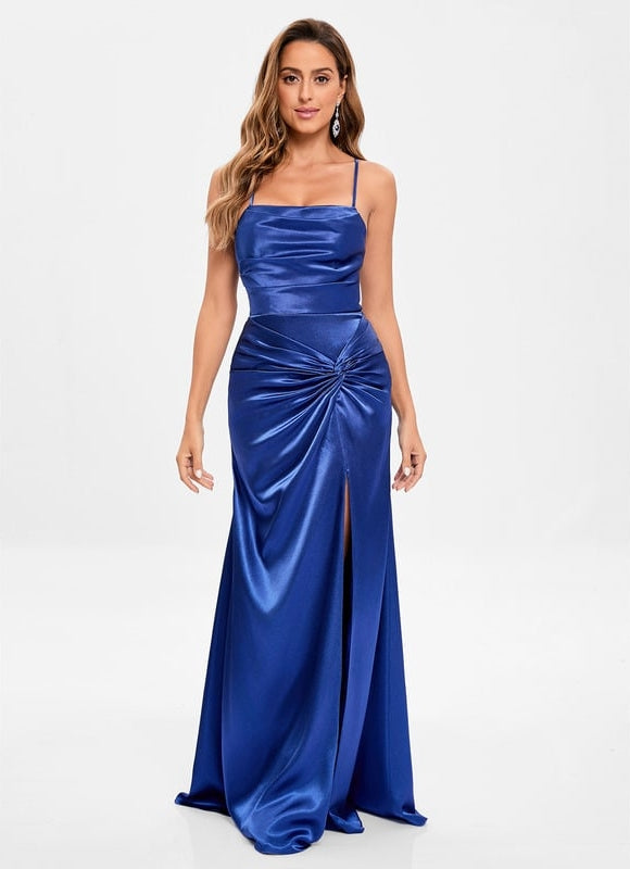 Robe De Bal Satin Bleu Profond - gallery 1