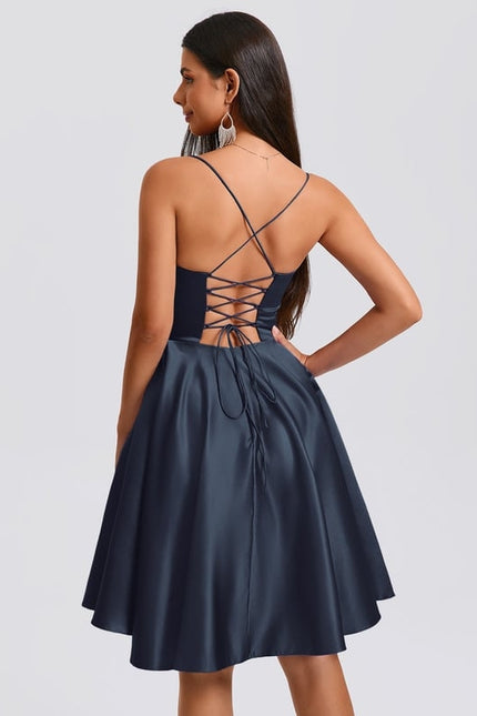 Robe De Bal Satin Évasée Marine - gallery 2