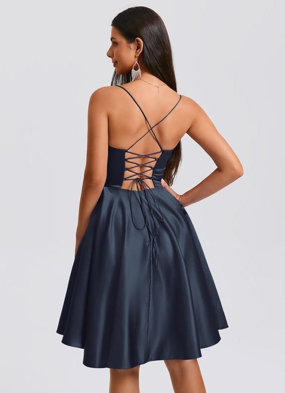 Robe De Bal Satin Évasée Marine - gallery 2