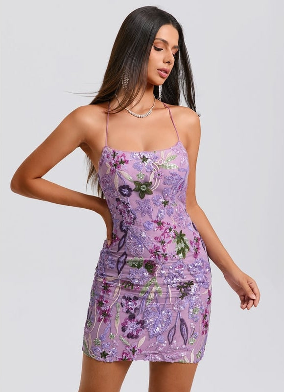 Robe De Bal Mini Florale Violette - gallery 3