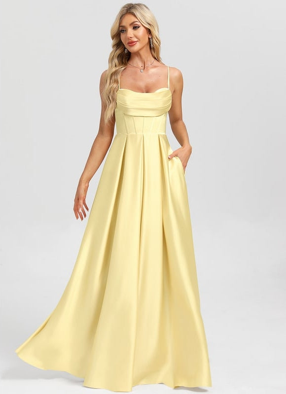 Robe De Bal Satinée Jaune Clair - gallery 2
