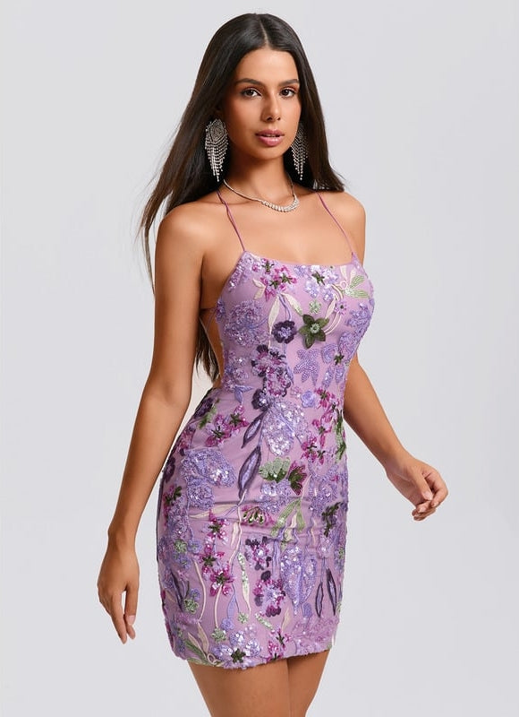 Robe De Bal Mini Florale Violette - gallery 1