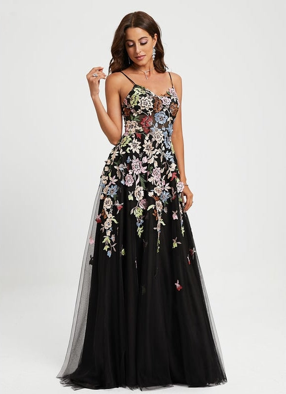 Robe De Bal Florale Tulle Noir - gallery 1