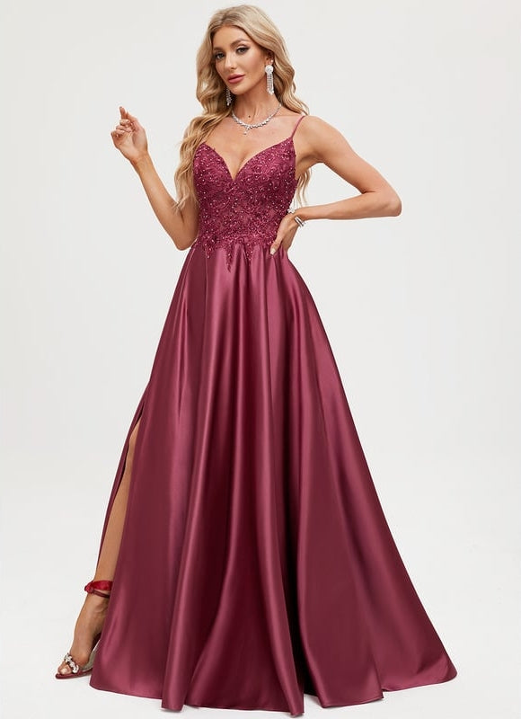 Robe De Bal Satinée Grenat - gallery 2