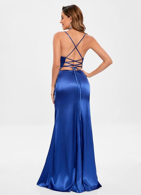 Robe De Bal Satin Bleu Profond - gallery 2