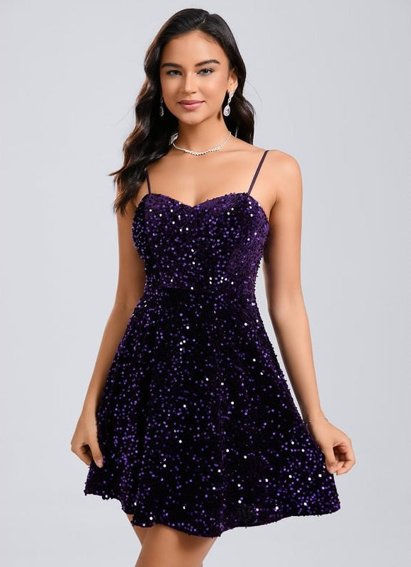 Robe De Bal Courte Pailletée Violet - gallery 1