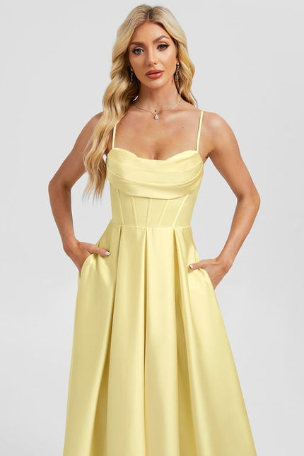 Robe De Bal Satinée Jaune Clair - gallery 4