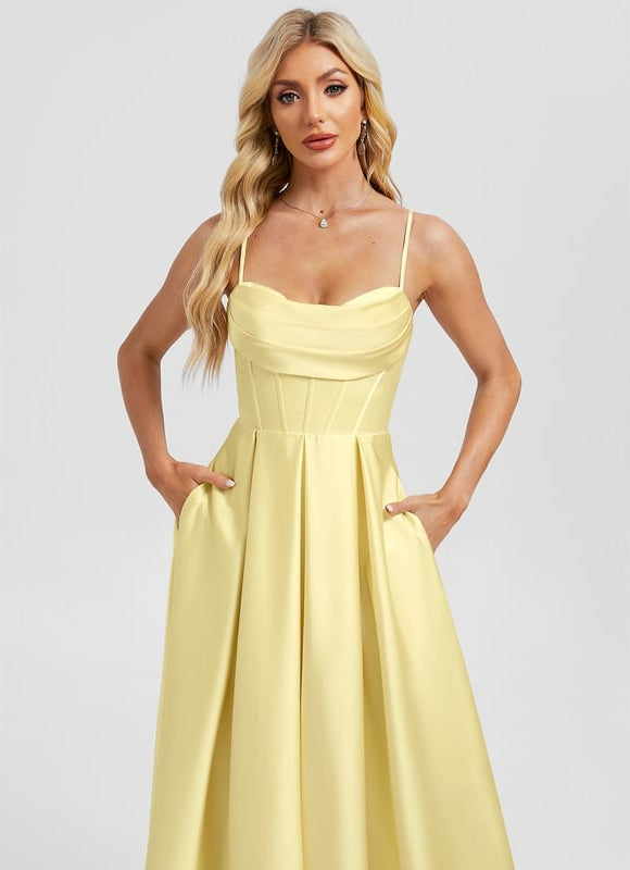 Robe De Bal Satinée Jaune Clair - gallery 4
