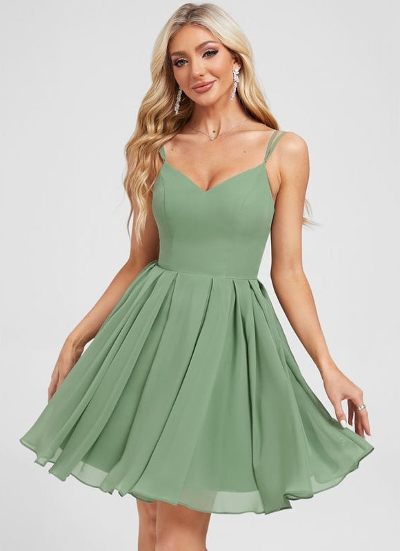 Robe De Bal Courte En Mousseline Vert Olive - gallery 1