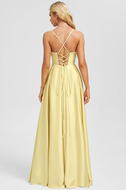 Robe De Bal Satinée Jaune Clair - gallery 1