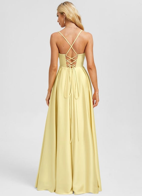 Robe De Bal Satinée Jaune Clair - gallery 1