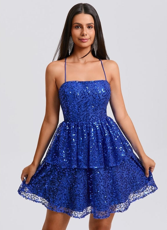 Robe De Bal Courte Bleue Scintillante