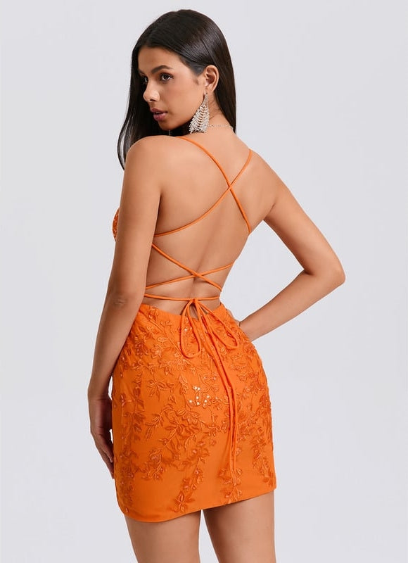 Robe De Bal Mini Orange Brodée - gallery 6
