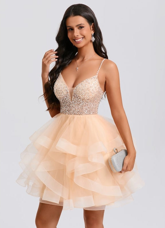 Robe De Bal Tulle Pailletée Saumon - gallery 5