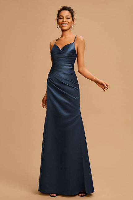 Robe De Bal Satin Bleu Marine - gallery 2