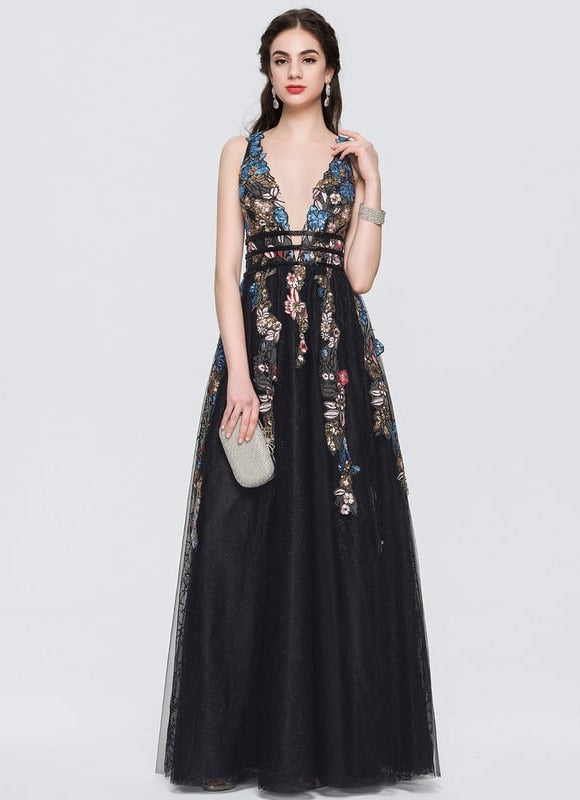 Robe De Bal Noire Florale - gallery 1