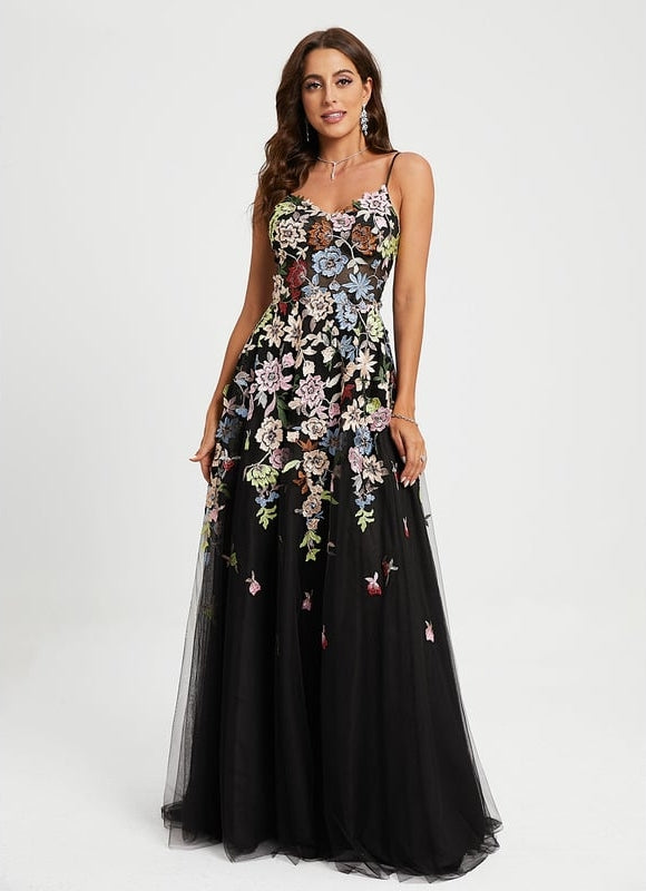 Robe De Bal Florale Tulle Noir - gallery 2