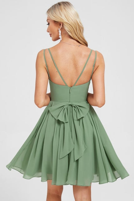 Robe De Bal Courte En Mousseline Vert Olive - gallery 2