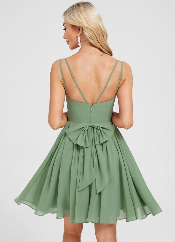 Robe De Bal Courte En Mousseline Vert Olive - gallery 2