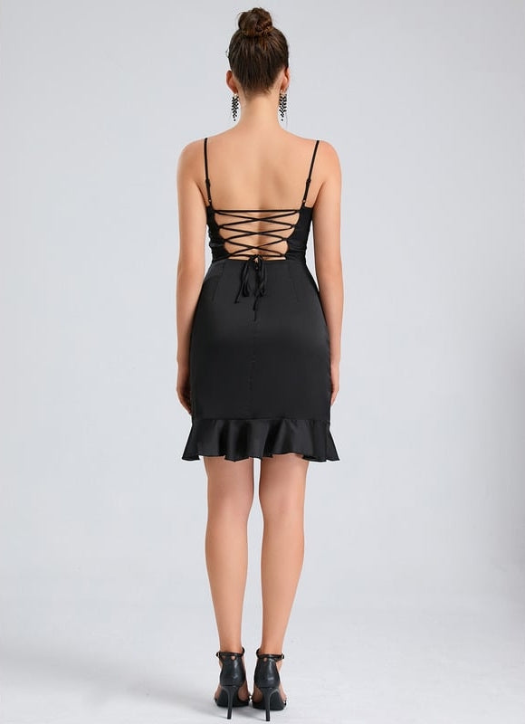 Robe De Bal Satinée Noire Volante - gallery 1