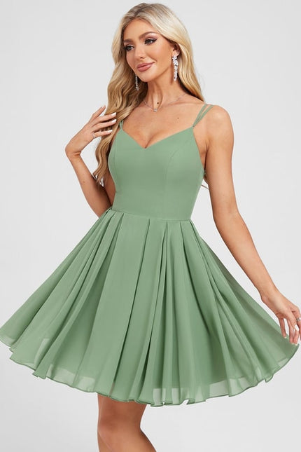 Robe De Bal Courte En Mousseline Vert Olive - gallery 4