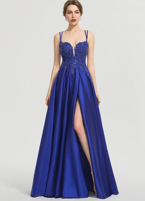 Robe De Bal Satin Bleu Élégant - gallery 1