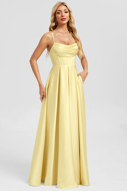 Robe De Bal Satinée Jaune Clair - gallery 3