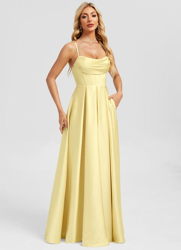 Robe De Bal Satinée Jaune Clair - gallery 3