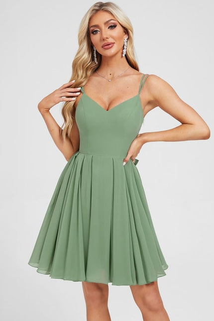 Robe De Bal Courte En Mousseline Vert Olive - gallery 5