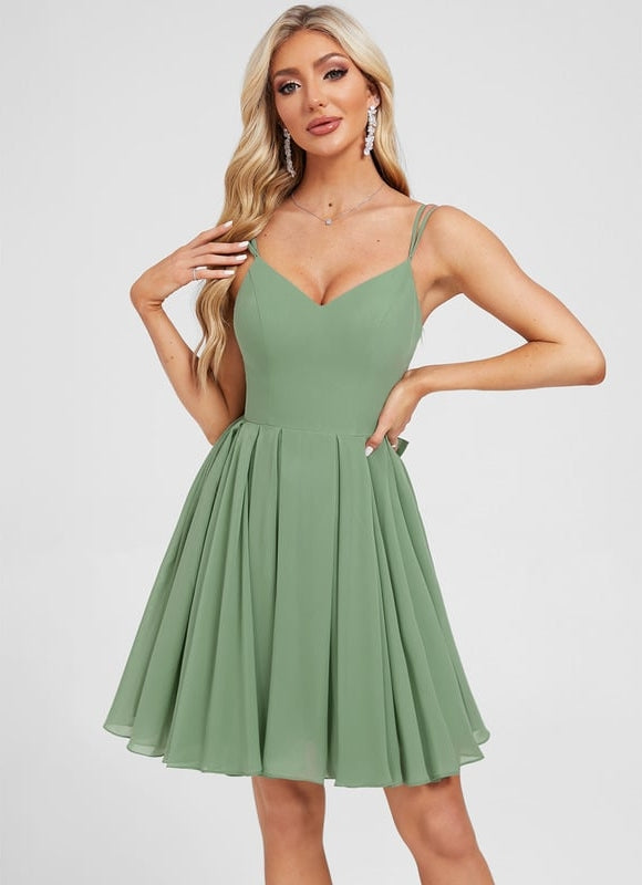 Robe De Bal Courte En Mousseline Vert Olive - gallery 5