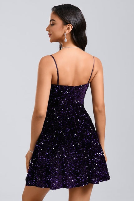 Robe De Bal Courte Pailletée Violet - gallery 5