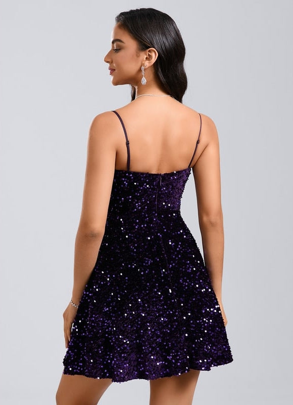 Robe De Bal Courte Pailletée Violet - gallery 5
