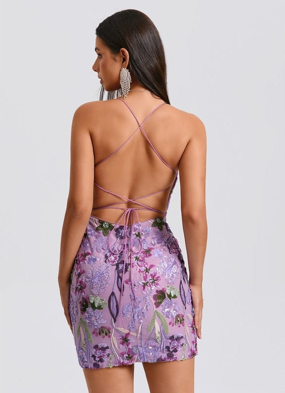 Robe De Bal Mini Florale Violette - gallery 2