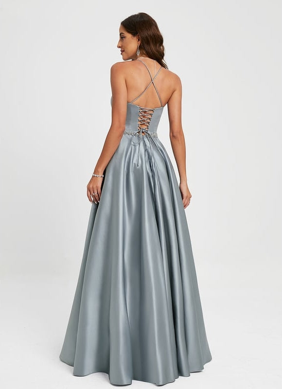 Robe De Bal Satin Bleu Poudré - gallery 6